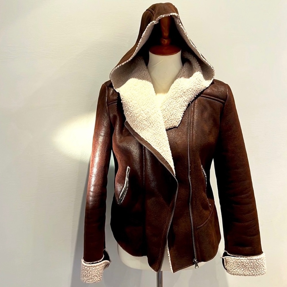 Cozy Hooded Brown Faux Lambskin Leather Sherpa Lining Jacket Coat